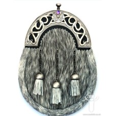 Grey Bovine Dress Sporran, Antique Cantle With Amethyst Stone