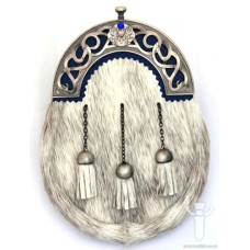 Grey Bovine Dress Sporran, Antique Finish Cantle, Blue Stone