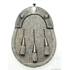 Grey Bovine Dress Sporran, Antique Finish Cantle With Cone Tassels