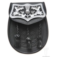 Black Leather Day Wear Sporran With Thistle Plate - SP-T