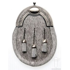 Grey Bovine Dress Sporran, Antique Finish Oval Cantle